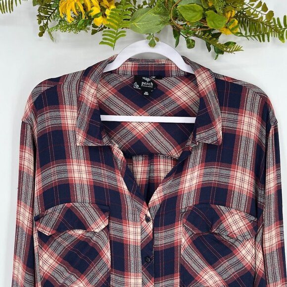 Perch Button Down Shirt Womens Size Plus 3XL brown & navy Roll Tabs - Picture 3 of 7